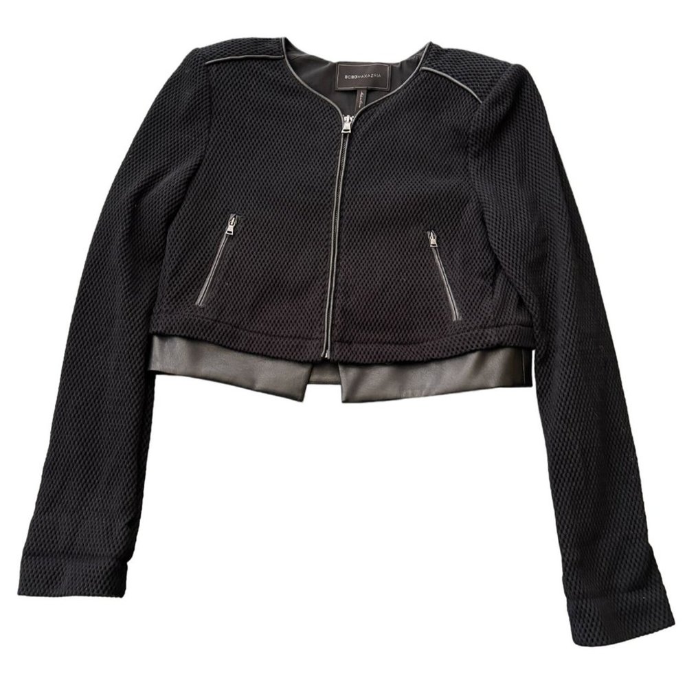 BCBGMAXAZRIA Duke Cropped Leather Trimming Front Zip Padded Shoulers Jacket L Q1